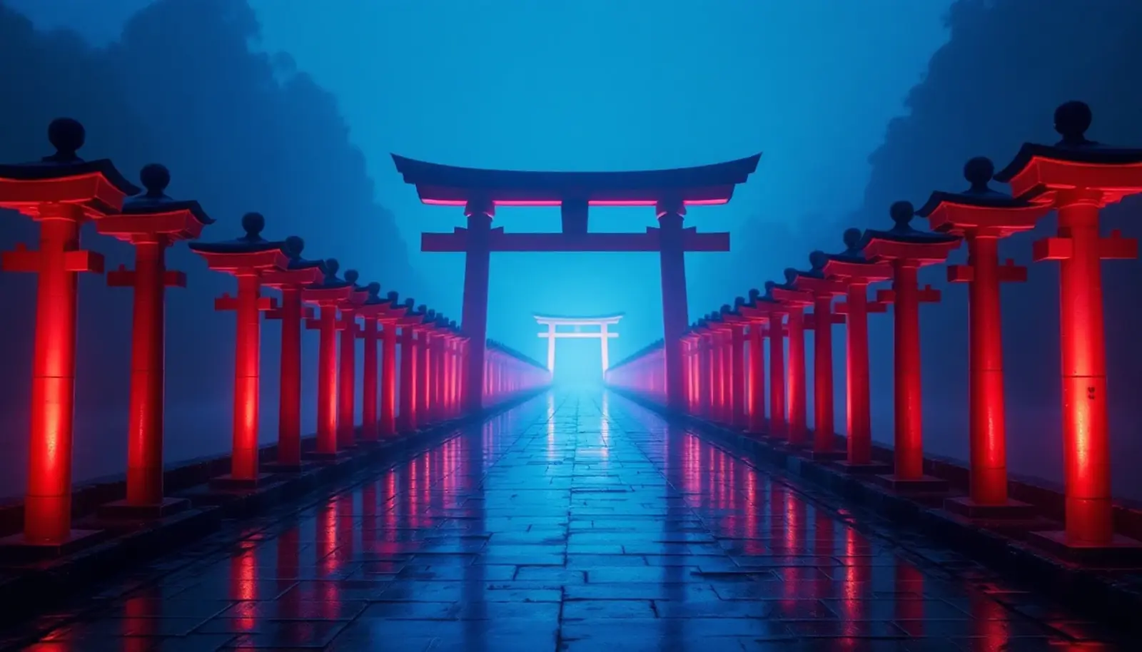 A long line of red torii gates receding into blue mist over wet stone at night.